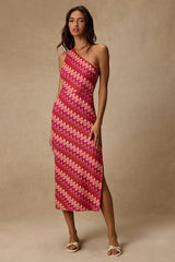 Reya Pink Multi Crochet Chevron One-Shoulder Midi Dress
