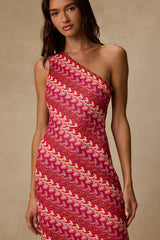 Reya Pink Multi Crochet Chevron One-Shoulder Midi Dress