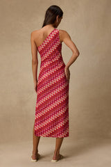 Reya Pink Multi Crochet Chevron One-Shoulder Midi Dress