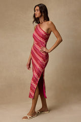Reya Pink Multi Crochet Chevron One-Shoulder Midi Dress