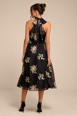 Kira Black Embroidered Halter Midi Dress
