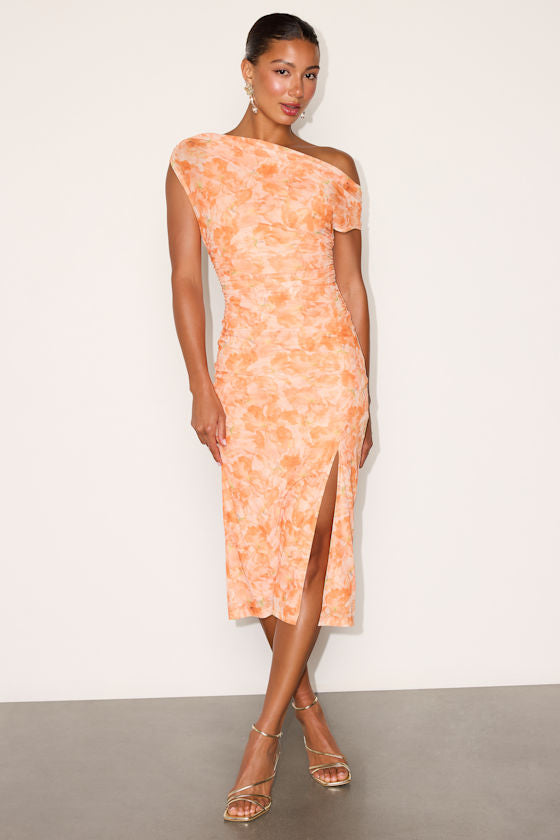 Moriah Light Orange Floral Mesh Asymmetrical Midi Dress