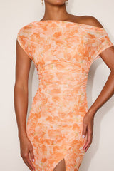 Moriah Light Orange Floral Mesh Asymmetrical Midi Dress
