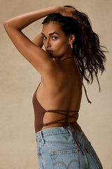 Nabella Brown Jersey Knit Lace-Up Bodysuit