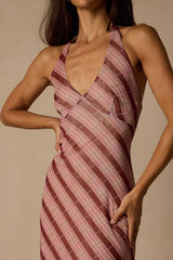 Rachel Mauve Multi Plaid Mesh Halter Midi Dress