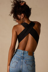 Emerson Black Slinky Knit Cross-Back Bodysuit
