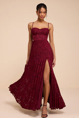 Dacie Burgundy Floral Burnout Pleated Bustier Maxi Dress