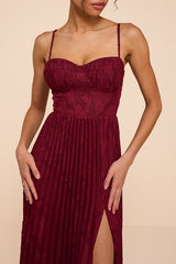 Dacie Burgundy Floral Burnout Pleated Bustier Maxi Dress