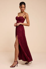 Dacie Burgundy Floral Burnout Pleated Bustier Maxi Dress