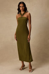Calessia Olive Green Linen Halter Neck Midi Dress