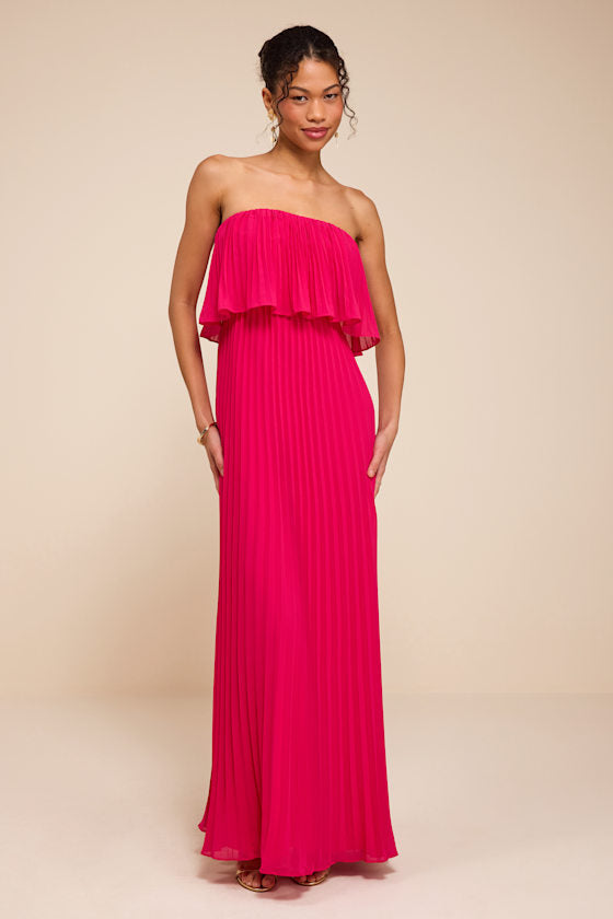 Arietta Hot Pink Pleated Strapless Maxi Dress