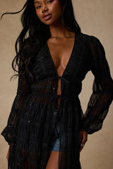 April Black Sheer Long Sleeve Tie-Front Duster Top