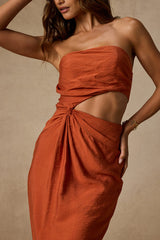 Zisel Terracotta Cutout Strapless Midi Dress