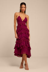 Melena Burgundy Ruffled Lace Midi Dress