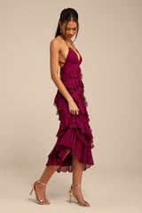 Melena Burgundy Ruffled Lace Midi Dress
