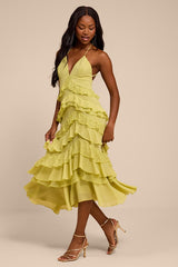 Melena Chartreuse Ruffled Lace Midi Dress
