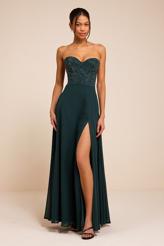 Remember This Moment Emerald Rhinestone Strapless Maxi Dress