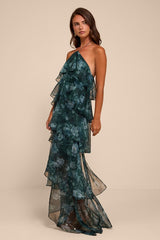 Melody Dark Green Floral Tiered Halter Maxi Dress