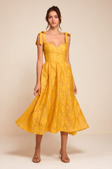 Loveliest Muse Yellow Burnout Floral Tie-Strap Midi Dress