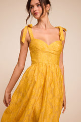 Loveliest Muse Yellow Burnout Floral Tie-Strap Midi Dress