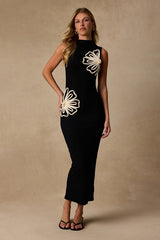 Eviee Black Sweater Knit Embroidered Midi Dress