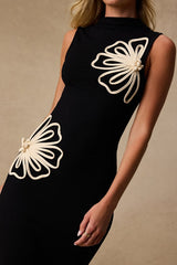 Eviee Black Sweater Knit Embroidered Midi Dress