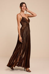 Elletra Brown Lurex Pleated Maxi Dress