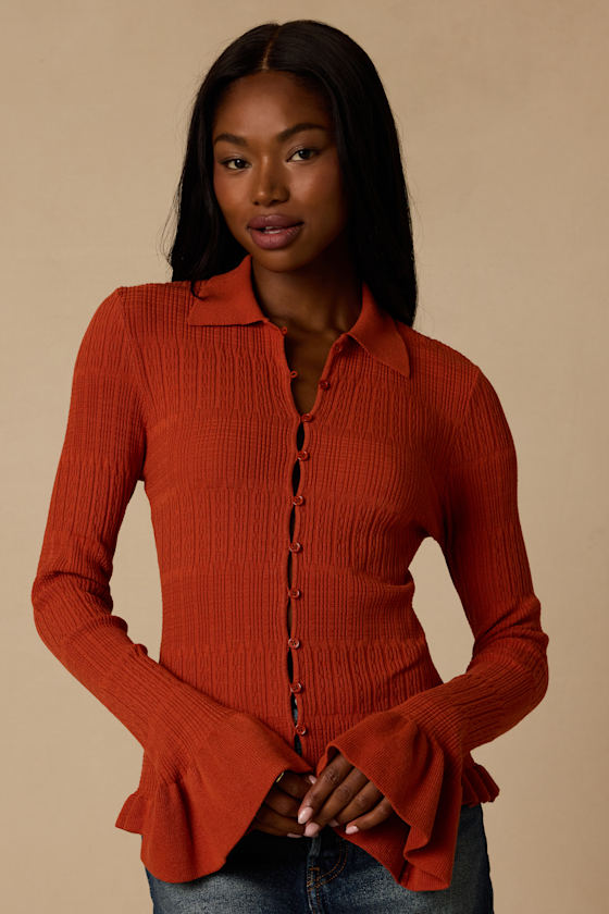 Arlinda Rust Knit Textured Cardigan Sweater Top