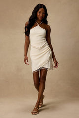 Prima Ivory Knit Beaded Lace-Up Mini Dress