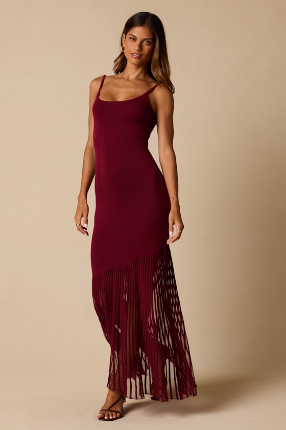 Empression Burgundy Asymmetrical Pleated Midi Dress