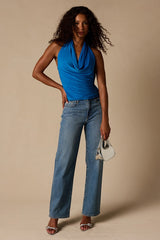 Luz Bright Blue Cowl Neck Backless Top