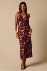 Betty Burgundy Abstract Print Mesh Halter Midi Dress
