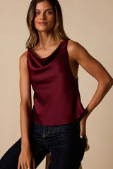 Ariel Maroon Satin Cowl Neck Tank Top