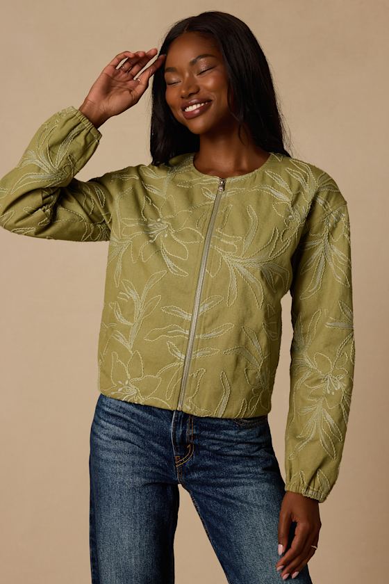 Olina Olive Embroidered Bomber Jacket