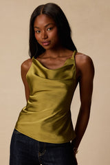 Ariel Olive Satin Cowl Neck Tank Top