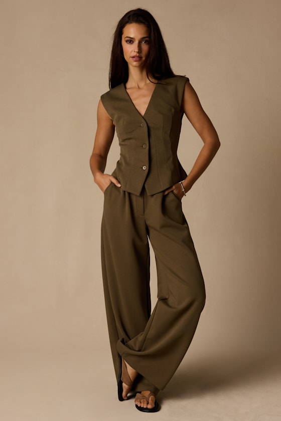Greta Olive High-Rise Wide-Leg Trousers