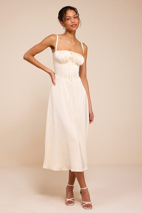 Adlynn Ivory Striped Satin Bustier Midi Dress