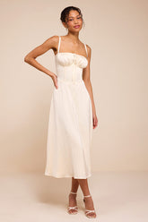 Adlynn Ivory Striped Satin Bustier Midi Dress