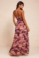 Mykala Mauve Abstract Pleated Strapless Maxi Dress