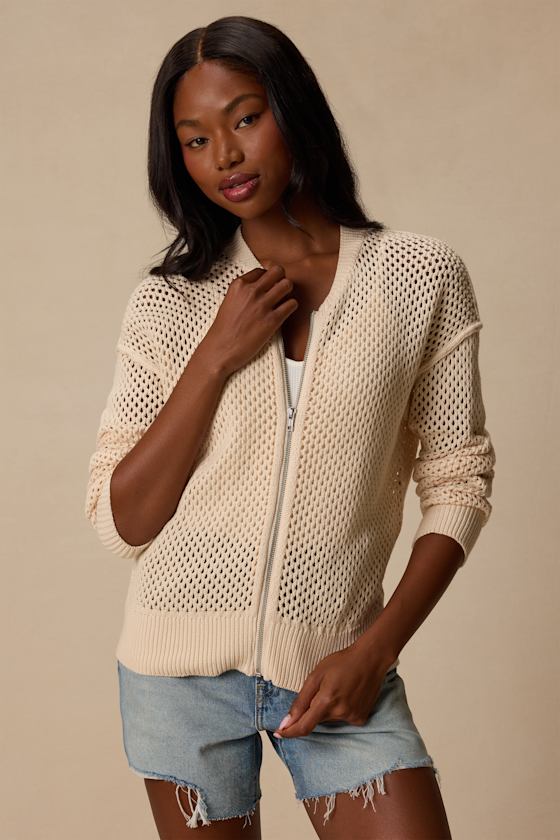 Bea Cream Pierced Knit Zip-Up Sweater