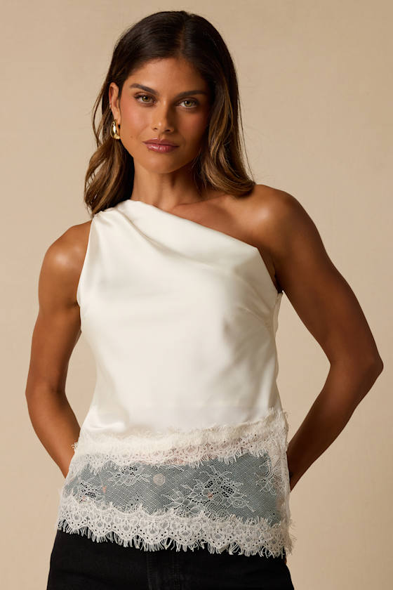 Aris Ivory Satin Lace One-Shoulder Top