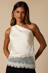 Aris Ivory Satin Lace One-Shoulder Top