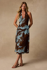 Liyana Brown and Blue Abstract Print Halter Midi Dress