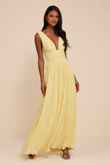 Evaluna Light Yellow Plisse Maxi Dress