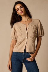 Susan Beige Short Sleeve Button-Up Cardigan