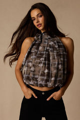 Sathia Taupe Multi Floral Mock Neck Tank Top