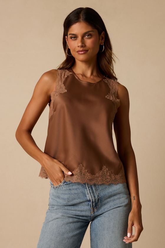 Jaynae Brown Lace Trim Satin Tank Top