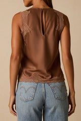 Jaynae Brown Lace Trim Satin Tank Top