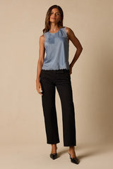 Jaynae Dusty Blue Lace Trim Satin Tank Top