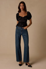 Romi Black Satin Puff Sleeve Peplum Top